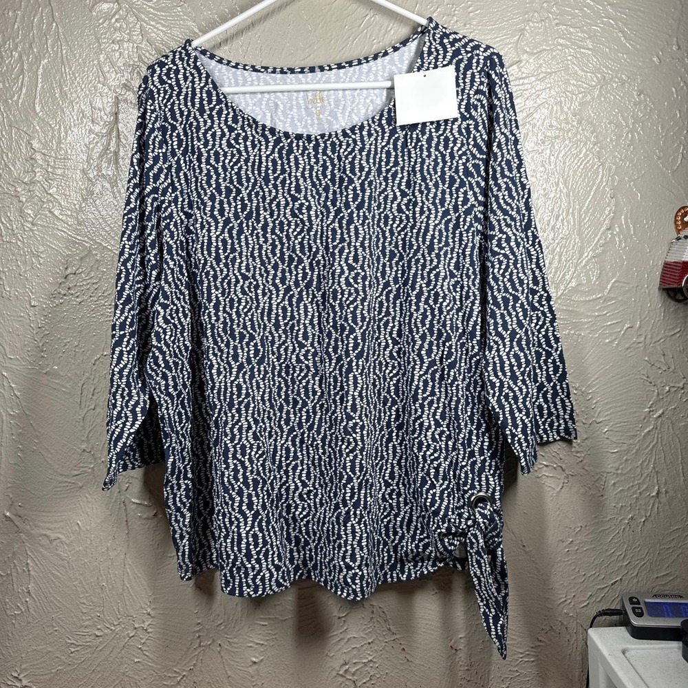 NWT Belle Blue Long Sleeve Round Neck tie Hem Knit Stretch Top Womens Size XL